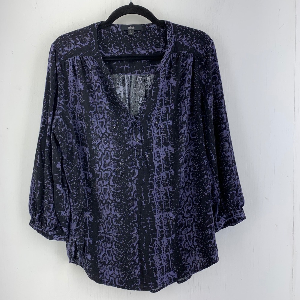 ellos Womens 18 Purple Black Animal Print Rhinestone Henley Top Boho Edgy Goth